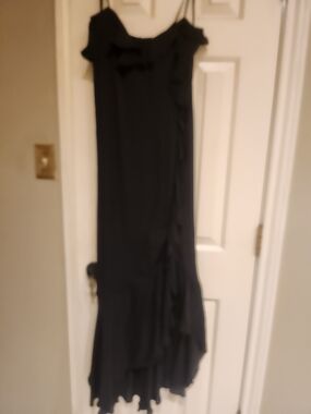 Vintage Ralph Lauren Black Silk Ruffle-Trim Maxi Dress